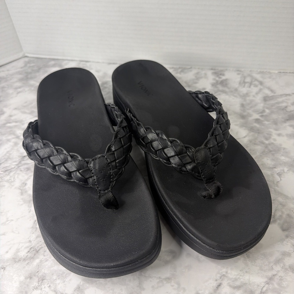 Vionic Women's Kenji Braided 2" Platform Sandal Black Sz 10 Wedge Flip Flop
